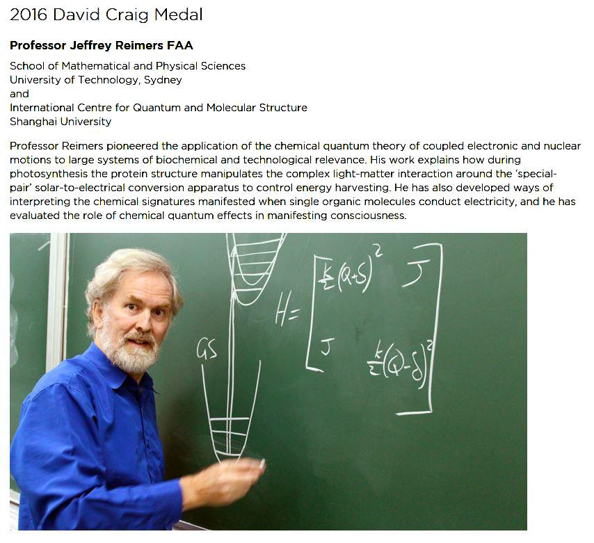 理学院Jeffrey Reimers 院士获得2016 David Craig Medal奖-永信贵宾会217
